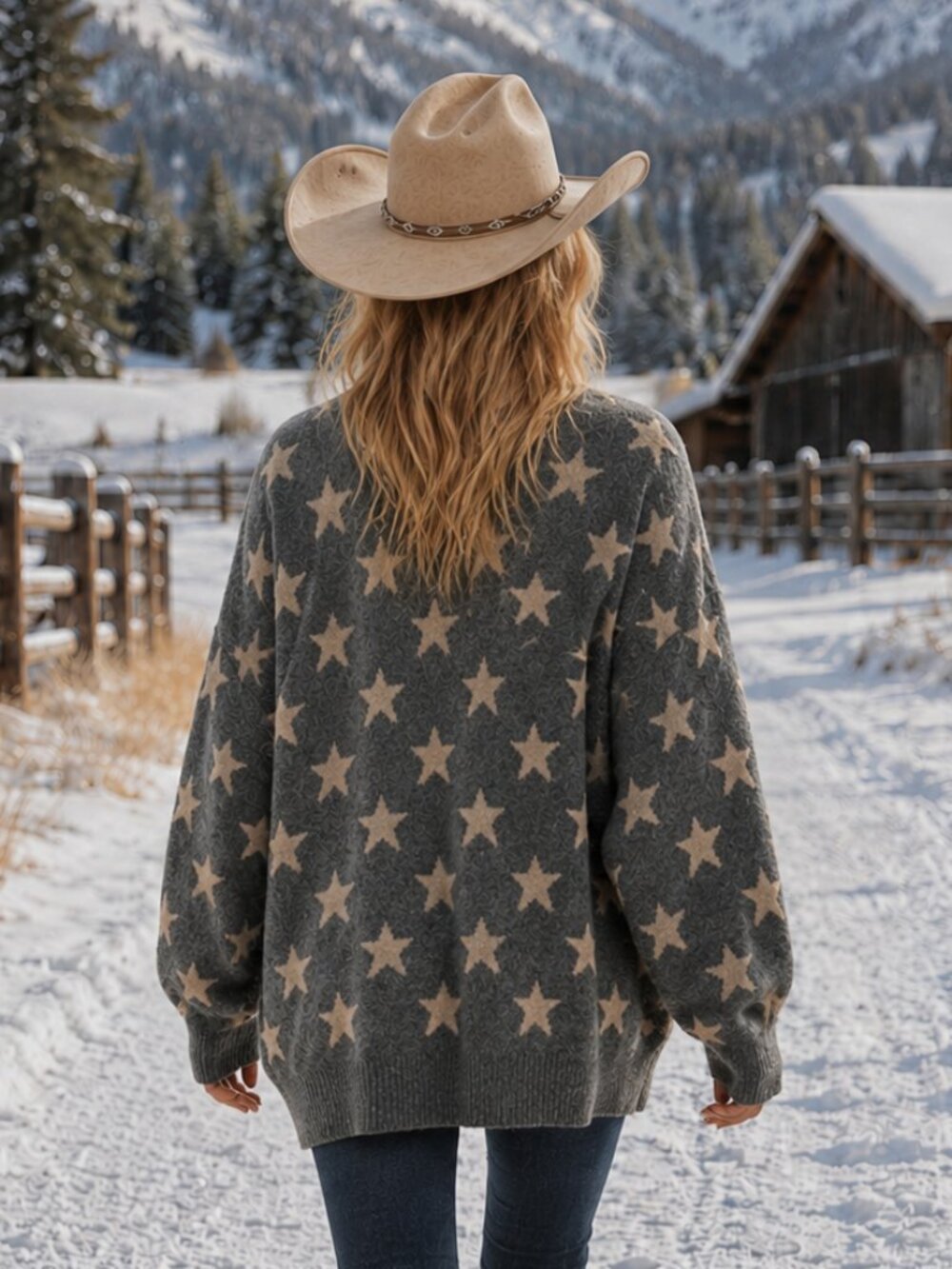 NWT Adora Plus Size Luxe Soft Star Jacquard Sweater Gray Cream Cozy Oversized Kn - Picture 4 of 10